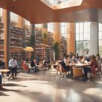 people sharing information using technology in a modern library