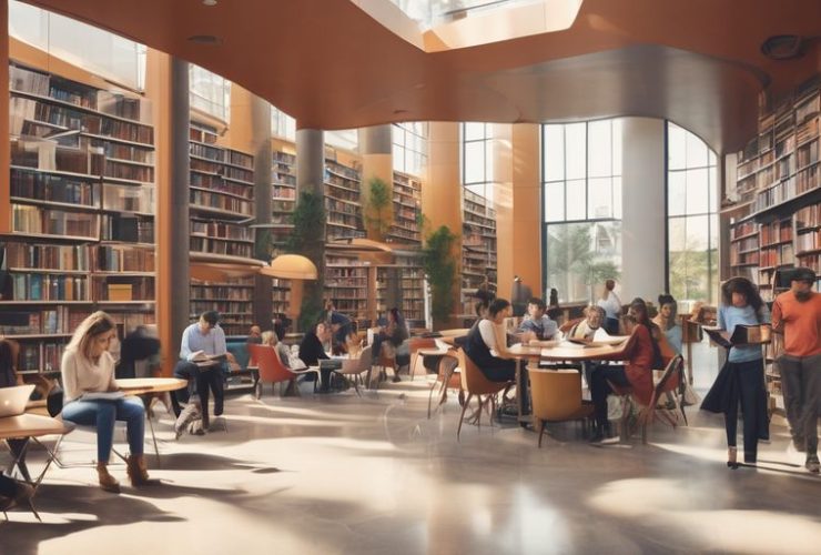 people sharing information using technology in a modern library