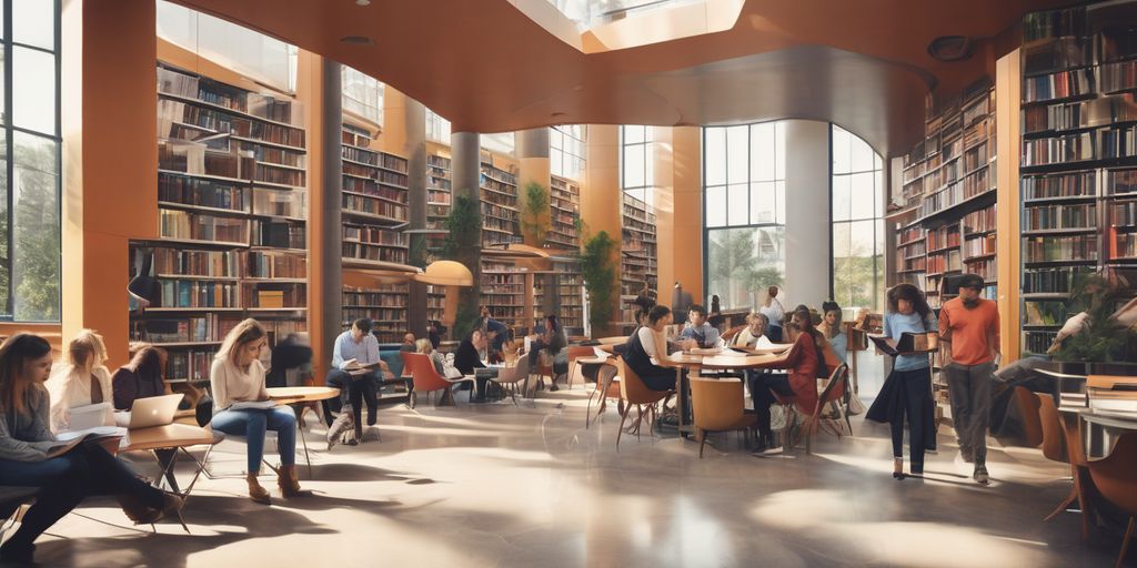 people sharing information using technology in a modern library