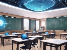 AI technology in education, interactive digital learning platform, global network connection, futuristic classroom