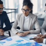 AI technology analysis, diverse business team meeting, digital data visualization