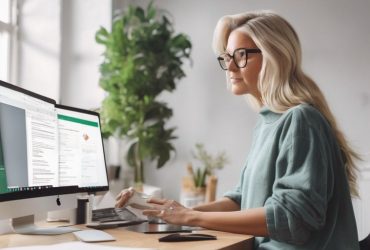 instructional design concept with Grammarly, person using computer software for educational content creation