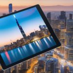 AI technology news magazine on a digital tablet with city skyline in the background