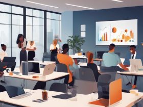 modern office training session with digital devices and diverse group of employees