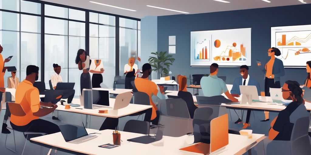 modern office training session with digital devices and diverse group of employees