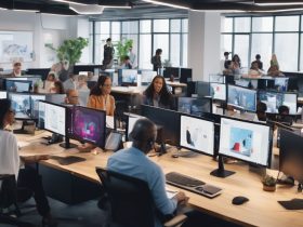 group of diverse people using computers and AI technology in a modern office setting