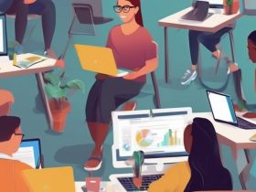 e-learning technology and design concept with diverse students using computers