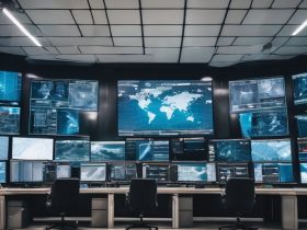 cyber security monitoring center with digital screens and alerts