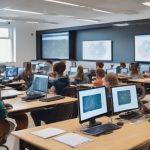 students using computers in classroom with AI technology and quiz graphics