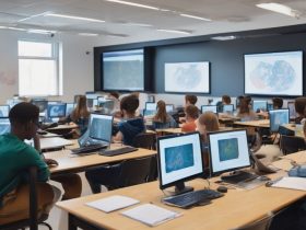 students using computers in classroom with AI technology and quiz graphics