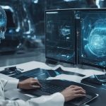 person using computer with futuristic AI interface
