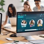 online education platform interface on computer screen with e-learning icons and students interacting virtually