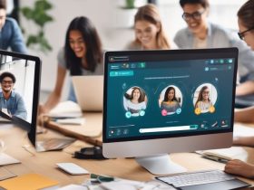 online education platform interface on computer screen with e-learning icons and students interacting virtually
