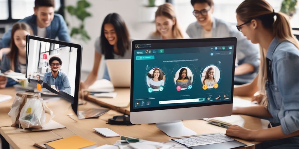 online education platform interface on computer screen with e-learning icons and students interacting virtually
