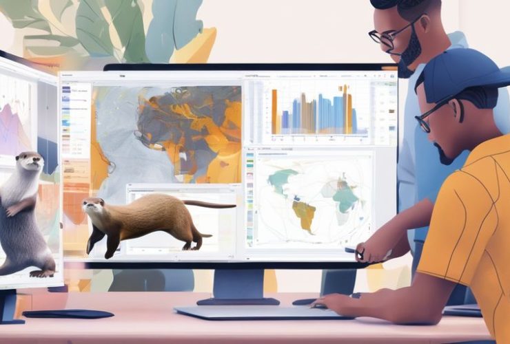 people analyzing data on computer with Otter.ai interface