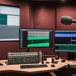 voiceover recording studio with microphone and computer screen displaying text-to-speech software