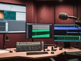 voiceover recording studio with microphone and computer screen displaying text-to-speech software