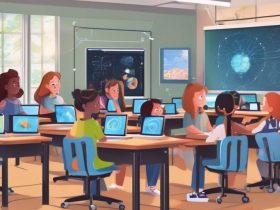 AI technology in education, digital classroom with students using computers