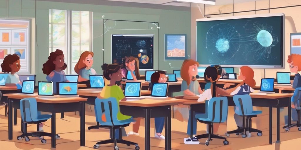 AI technology in education, digital classroom with students using computers
