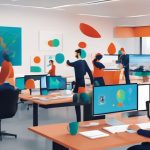 e-learning design team using Miro AI on computer in modern office