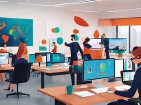 e-learning design team using Miro AI on computer in modern office