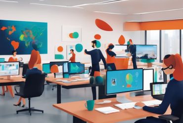 e-learning design team using Miro AI on computer in modern office