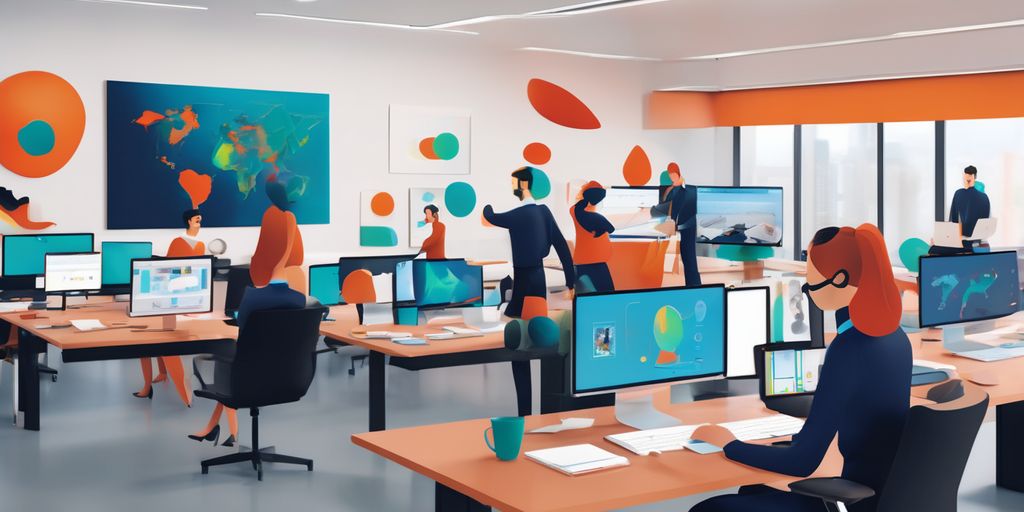 e-learning design team using Miro AI on computer in modern office