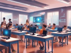 AI technology in education, futuristic classroom with students using computers