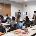 modern classroom with digital tools and diverse group of students brainstorming