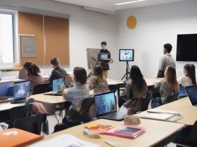 modern classroom with digital tools and diverse group of students brainstorming