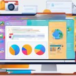 online education platform interface on computer screen with e-learning tools and icons