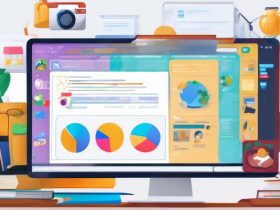 online education platform interface on computer screen with e-learning tools and icons