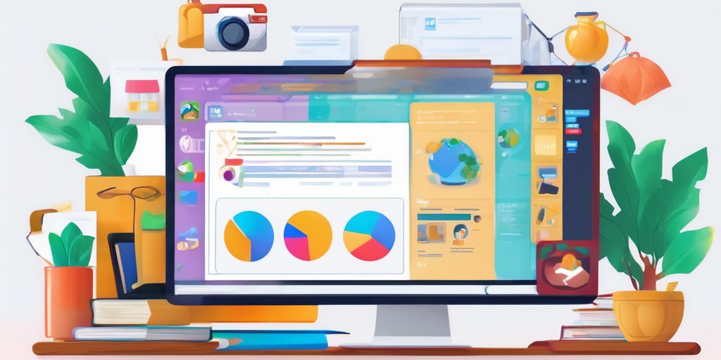 online education platform interface on computer screen with e-learning tools and icons