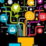 diverse group of people using technology in a modern office, AI elements, marketing strategy