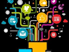 diverse group of people using technology in a modern office, AI elements, marketing strategy