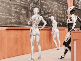 AI writing assistant in a modern office