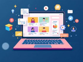 Illustration of a laptop with online course icons.