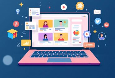 Illustration of a laptop with online course icons.