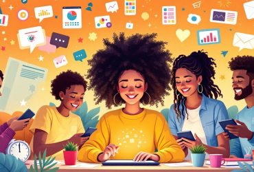 Diverse learners using digital devices in an educational setting.