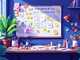 Colourful storyboard in a creative workspace.