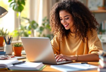 Person with laptop and educational materials creating courses.