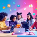 Diverse students in a virtual classroom engaging with devices.
