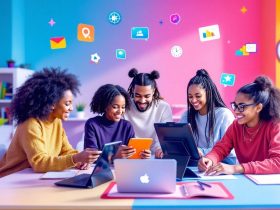 Diverse students in a virtual classroom engaging with devices.
