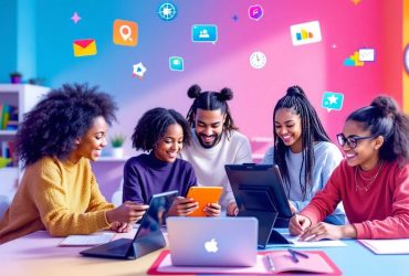 Diverse students in a virtual classroom engaging with devices.