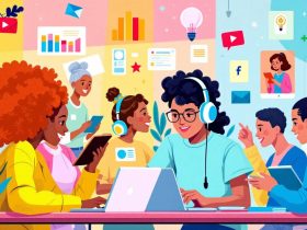 Diverse learners in a vibrant digital education setting.