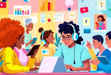 Diverse learners in a vibrant digital education setting.